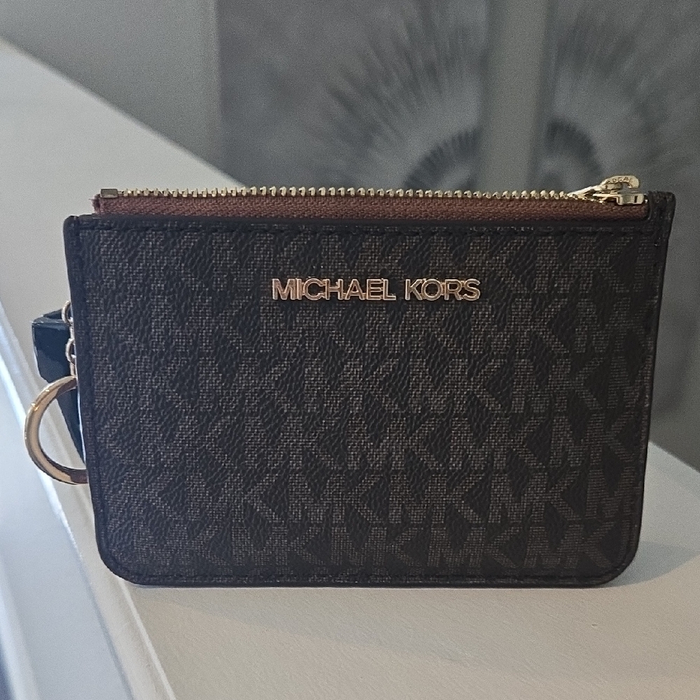 Michael Kors Dark Brown MK Logo Zip Card Case with Gold Hardware